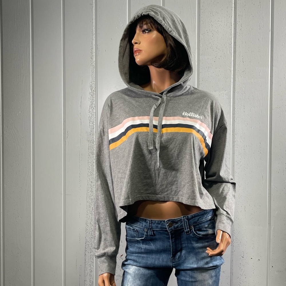 *Hollister California GRAY striped Boyfriend Hooded Tee Sz M
